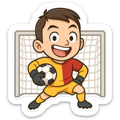 Muslera posing exaggeratedly and comically in front of the goal, wearing yellow-red jersey, with a football sticker