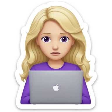 lady with long blonde wavy hair, purple top throwing her with a laptop looking defeated sticker