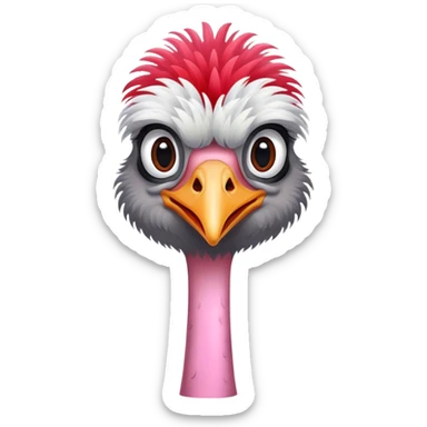 An ostrich with black and white feathers on the body, fluffy grey head feathers, pinkish-red neck, and red legs. sticker