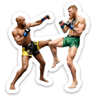 An MMA showdown between Conor McGregor and Anderson Silva in the octagon. McGregor is preparing a striking kick, while Silva is in a defensive stance. The background features the UFC octagon with cheering fans and intense energy. Transparent background  sticker