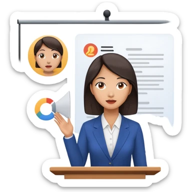 a asian women public speaking with presentation in the background sticker