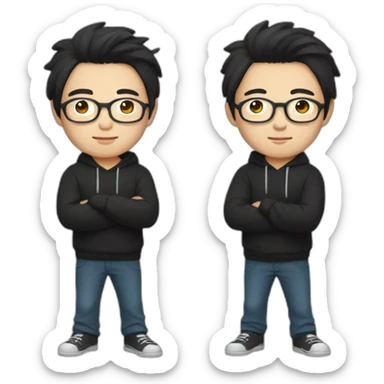 A mature Chinese boy with black hair and circle-shaped eyeglasses wearing black hoodie and ✌️ shaped hands sticker