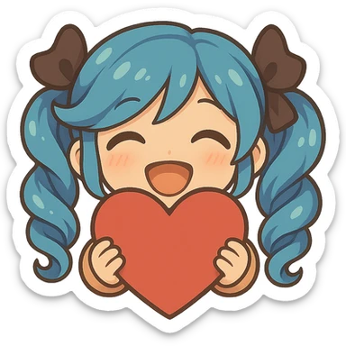 Make the heart much bigger and have Gwen's chibi hands holding the heart, keep happy expression, only head and hands visible. The style should be consistent with the original image. sticker