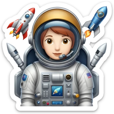An icon featuring a rocket, a satellite, and an space helmet, symbolizing aerospace technology. The design includes a spaceship, control panels, and orbiting satellites, representing space exploration and aircraft engineering. Transparent background highlights the innovation in aeronautic sticker