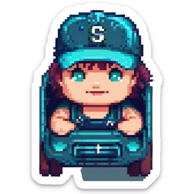 cute dump truck in navy blue and teal green, wearing a Mariners baseball cap, pixel art style, angled front view, playful pose sticker