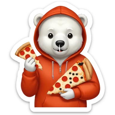 polar bear with pizza wearing red orange hoodie sticker