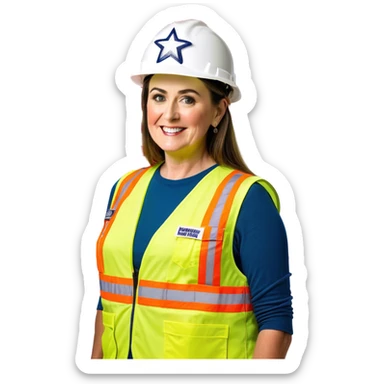 Livvy Dunne is a construction worker wearing a patriotic dress with a neon yellow safety vest over the dress. she also has a hard hat and a patriotic patch on the vest sticker