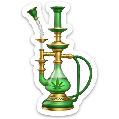 Brass hookah with green design on a glass water base and a weed banger on the top sticker