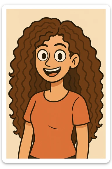 Make the hair much longer, with 3b-3c brown hazelnut curls, keeping the same style and expression, upper body, plain background, in a style consistent with the original images. sticker