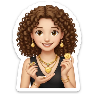 smiling girl with curly hair holding jewelry sticker