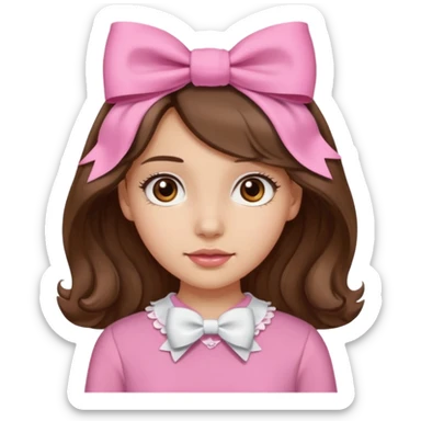 “Light-skinned girl with brown eyes, medium-length wavy brown hair, wearing a pink blouse and a white bow on her head.” sticker
