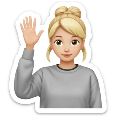blonde woman with bun in casual clothes and sweat shirt waving sticker