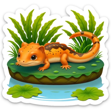A 3D cartoon newt resting near a pond, orange and brown colors, visible tail, friendly expression, soft reflections and lighting, Memoji-style character. sticker