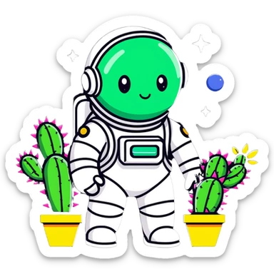 A spacesuit-wearing cactus blooming neon stars instead of flowers, with mini planets on its prickles sticker