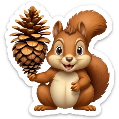 A greedy squirrel with a large pine cone balanced on its head, making a weird facial expression, wide eyes, and mischievous grin sticker