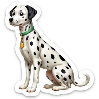 cinematic-[dalmatian dog]-realistic-full-body-sitting-emoji,-tail-resting-loosely-beside-its-paws,-head-tilted-dramatically,-sleek-[spotted]-fur,-simplified-yet-realistic-focused-features,-highly-detailed,-glowing-with-an-almost-sarcastic-glow sticker