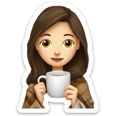brunette white girl under plaided blanket with coffee cup sticker
