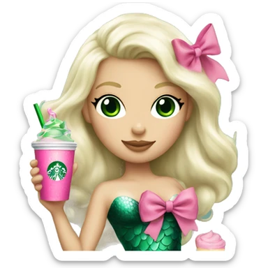 platinum blonde mermaid with green eyes drinking pink starbucks wearing a pink bow sticker