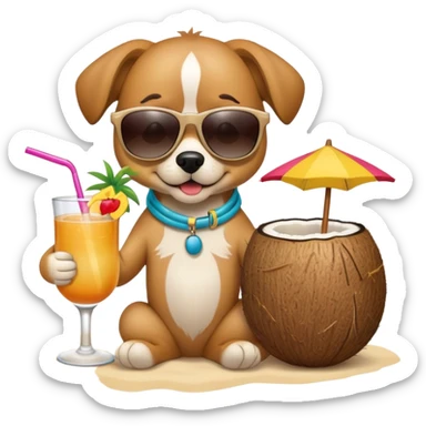 A dog wearing sunglasses on the beach drinking a tropical drink out of a coconut  sticker