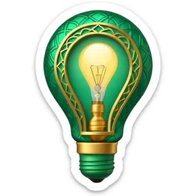 3D emoji, light bulb with Moroccan arabesque pattern inside, golden frame, glowing light, emerald green and gold colors, minimalist, white background. sticker