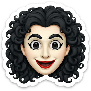 generate theatre mask emoji with a big curly black hair 

wide black coloured smile, long and pointy white nose with no nostrils, pitch black eyes sticker