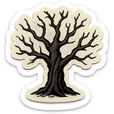 gloomy tree with branches, contour style, sharp black lines, clear shadows and highlights, no gradients, retro stickers style sticker