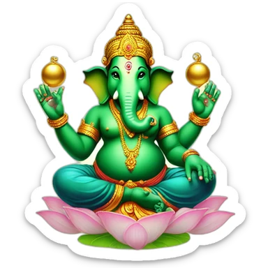 green ganesha hindu god with 4 hands,right low hand in varada mudra, left low hand with an golden ball sticker