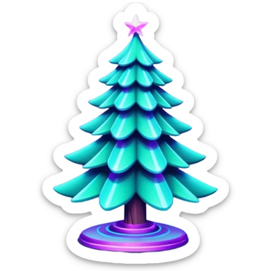 Futuristic glowing Christmas tree emoji with neon decorations, purple and cyan holographic glow, dark background, festive sparkles, no face. sticker