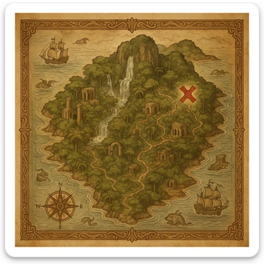 A realistic, large treasure map of an ancient jungle island, with ruins, waterfalls, secret paths, and a bold X for the treasure. Includes classic map decorations and an antique look. sticker