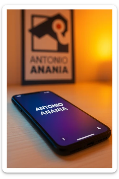 A photo of an iPhone on the desk with the message "Antonio Anania" on its screen, The phone sits atop a desk with a blurred background that suggests work environment. A faint glow from above casts gentle shadows across the surface of each object, creating depth and highlighting their textures sticker