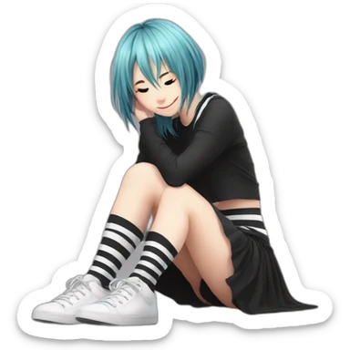 full body Front view emo girl sits on the floor black skirt torn striped stockings sticker