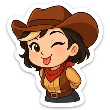 Sexy chibi cowgirl with short hair and a blonde streak, wearing a cowboy hat and western outfit, no guns. Chibi/anime style, transparent background, sized for Twitch or Discord use. Pose: leaning forward with hands behind back, playful wink and tongue out. sticker