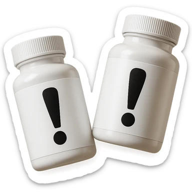 DUE BOCCETTE DI INTEGRATORI BIANCHE CON PUNTO ESCLAMATIVO NERO SULL'ETICHETTA FLUTTUANO IN ARIA, IPERREALISTICA 4K sticker