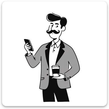 Wall Street finance bro with ridiculous oversized mustache, wearing expensive suit, holding phone and coffee sticker