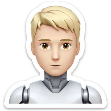 Male robot with short blond hair, sharp jawline, intense eyes, white tech clothing, neutral expression, futuristic assistant sticker