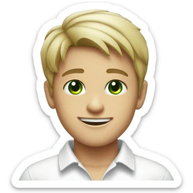 smiling boy in white shirt with green eyes sticker