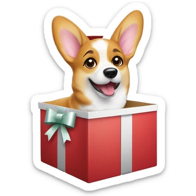 Corgi popping out of a wrapped Christmas gift box, with a bow on its head and a surprised look sticker
