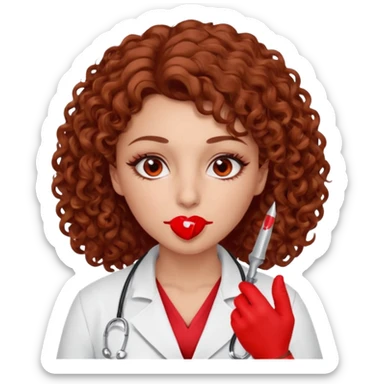 Lilith scalpel in hand, evil surgeon sexy surgeon clothes.  She has red eyes.  Hair is long. Hair is brown and curly hair. Wears sexy doctor outfit with red gloves. Covers mouth neck and nose with red litham for Muslim woman sticker