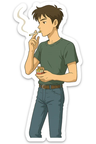 A full body of a slim young man wearing jeans and a t.shirt holding a packet of cigarettes and smoking sticker