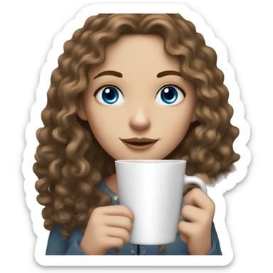 A white girl with darkblonde long curly hair, blue eyes and freckles holding a cup of coffee sticker