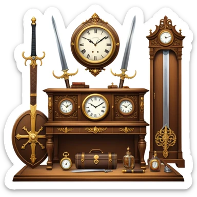 Icon for Antiques Collecting: a vintage clock, intricately carved furniture, famous paintings, antique swords, and rifles. The items are displayed on a wooden table or shelf. The icon should evoke the rich history and craftsmanship of antique collecting. Transparent background. sticker