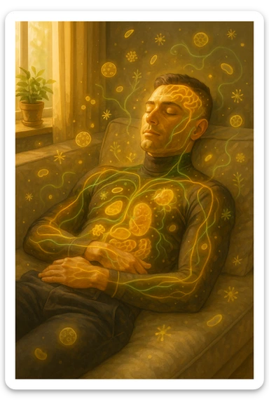 Uomo sdraiato su un divano nel primo pomeriggio, mentre fa un breve riposino. Il suo corpo appare parzialmente trasparente o stilizzato, con luce calda e flussi energetici dorati e verdi che scorrono attraverso muscoli, cervello, e organi. Intorno a lui si vedono piccoli simboli di rigenerazione: cellule che si rinnovano, tessuti che si illuminano, aura rilassata. L'ambiente è calmo e ordinato, luce naturale che entra da una finestra, atmosfera rigenerante, stile iperrealistico con accenti metaforici. sticker
