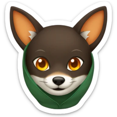 a small dark brown fox with orange eyes with a dark green hood that smile sticker