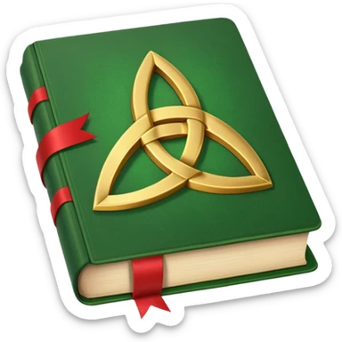 a green closed book with a golden triquetra on it with a red ribbon between the paged sticker