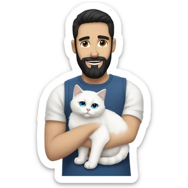 A guy with a black earing and black short hair and black beard and holding a all white Siberian cat with blue eyes  sticker