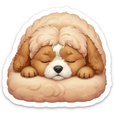Cinematic Meme-Worthy Chubby Sleeping Cavoodle Portrait Emoji, Head resting peacefully with a contented smile, showcasing a delightfully chubby build and a luxuriously soft, curly apricot coat with gentle white accents, eyes shut in a serene nap, Simplified yet hilariously adorable features, highly detailed, glowing with a soft, drowsy light, high shine, relaxed and utterly lovable, stylized with an air of playful laziness, bright and heartwarming, soft glowing outline, capturing the essence of a comically sleepy Cavoodle, so meme-worthy it feels like it could instantly become the next viral sensation of adorable slumber! sticker