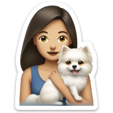 Brunette girl holding a white pomeranian  sticker