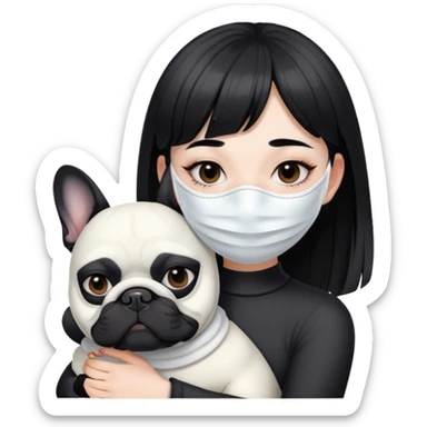 girl with short black straight bangs hair wearing a white mask and hugging a black French bulldog sticker
