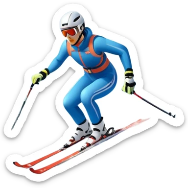 An icon featuring snowy peaks, pine trees, and a picturesque mountain landscape with a skier racing down a snow-covered slope, The sky is blue with soft clouds, capturing the thrill and beauty of alpine skiing. Transparent background highlights the excitement and serenity of winter sports. sticker