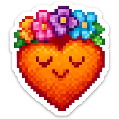 Add a crown of colorful flowers to the orange heart, keeping the retro and vibrant pixel art style with no background. sticker